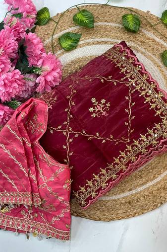 jimmi choo silk blend maroon heavy embroidered saree with stitched blouse