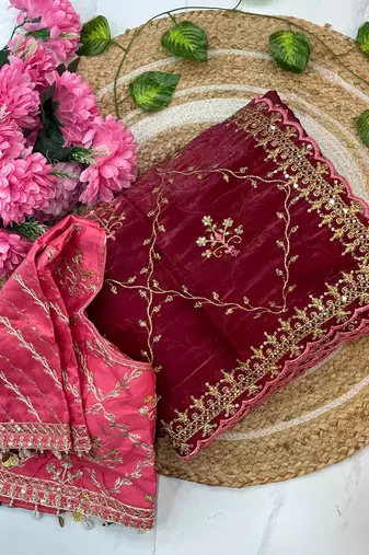 jimmi choo silk blend maroon heavy embroidered saree with stitched blouse