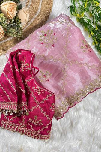 jimmi choo silk blend pink heavy embroidered saree with stitched blouse