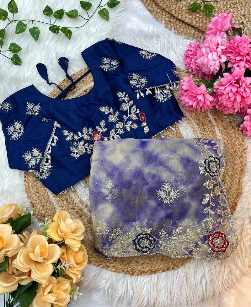 abstract printed blue twile net saree with stitched blouse