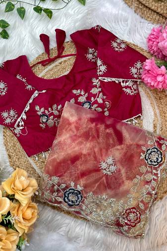 abstract printed red twile net saree with stitched blouse