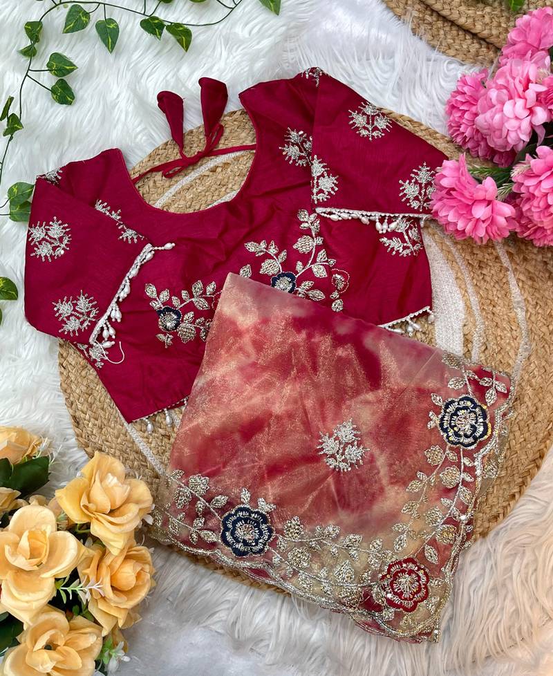 abstract printed red twile net saree with stitched blouse
