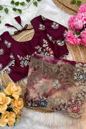 abstract printed maroon twile net saree with stitched blouse