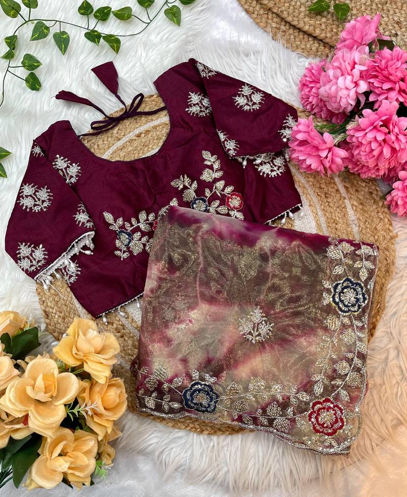 abstract printed maroon twile net saree with stitched blouse