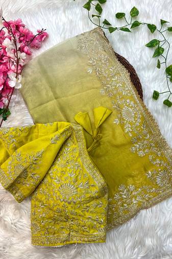ombre pattern tebby silk blend embroidered saree with stitched blouse
