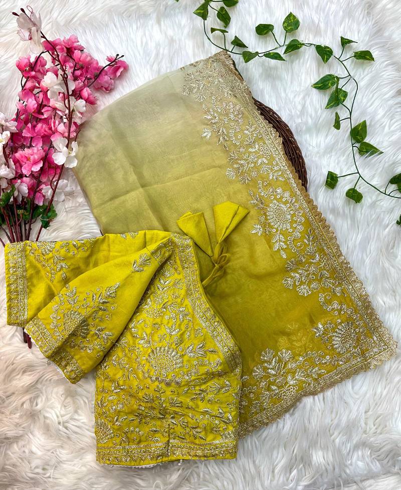 ombre pattern tebby silk blend embroidered saree with stitched blouse