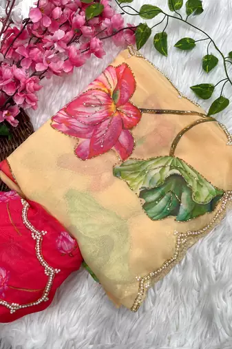georgette floral printed saree with cutdana hand work with stitched blouse