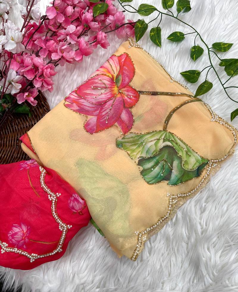 georgette floral printed saree with cutdana hand work with stitched blouse