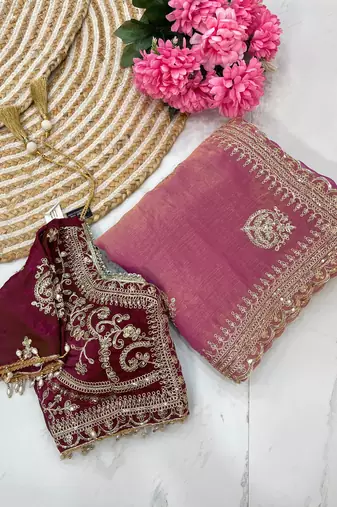pink chiffon silk blend heavy embroidered saree with stitched blouse