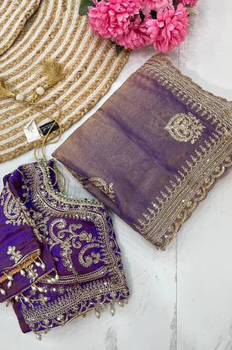blue chiffon silk blend heavy embroidered saree with stitched blouse