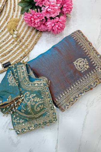 firozi chiffon silk blend heavy embroidered saree with stitched blouse