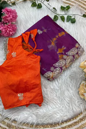 digital printed purple chiffon silk blend saree with stitched blouse