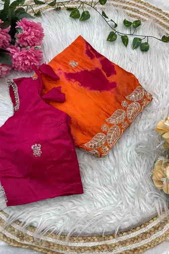 digital printed orange chiffon silk blend saree with stitched blouse