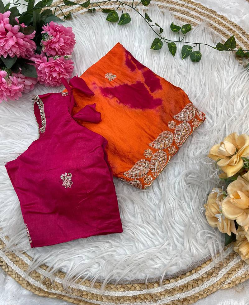 digital printed orange chiffon silk blend saree with stitched blouse