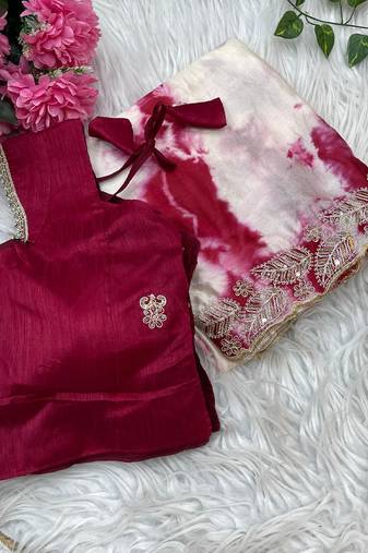 digital printed white chiffon silk blend saree with stitched blouse