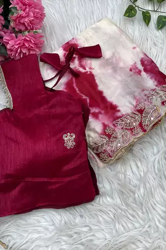 digital printed white chiffon silk blend saree with stitched blouse