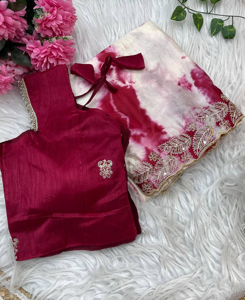 digital printed white chiffon silk blend saree with stitched blouse