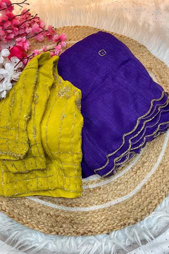 purple crunchy silk blend saree with contrast stitched blouse