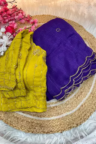 purple crunchy silk blend saree with contrast stitched blouse