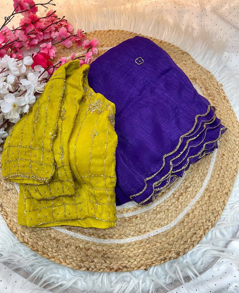 purple crunchy silk blend saree with contrast stitched blouse