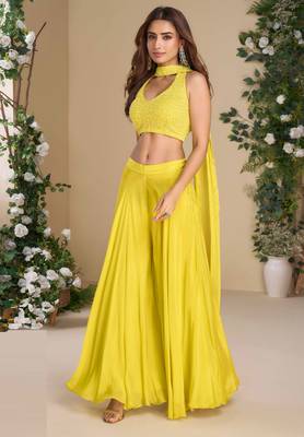 Yellow embroidery beads & sequins work chinnon silk  blouse palazzo suit 1