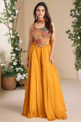 Multi embroidery, beads , sequins & printed work chinnon silk  blouse palazzo suit