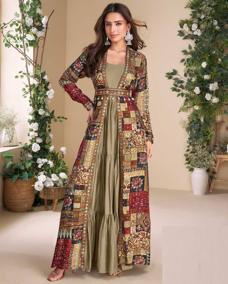 Chiku embroidery & sequins work georgette gown with jacket suit