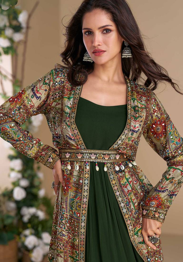 Green embroidery & sequins work georgette gown with jacket suit