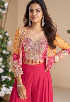 Pink embroidery, sequins & printed jacket work chinnon silk blouse palazzo suit 2