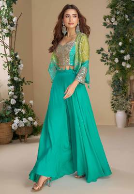 Blue embroidery, sequins,& printed jacket work chinnon silk blouse palazzo suit 1