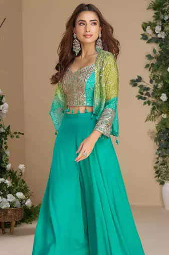 Blue embroidery, sequins,& printed jacket work chinnon silk blouse palazzo suit