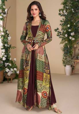 Maroon embroidery & sequins work georgette gown with jacket suit 1