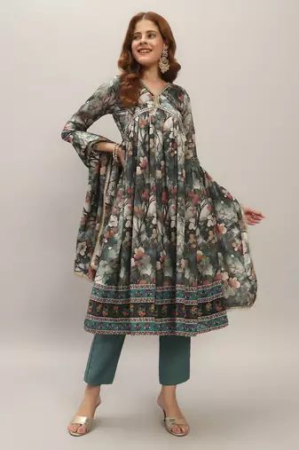 Women's Gorgeous Chanderi Silk Embroidery Flared Kurta with Pant And Dupatta Set