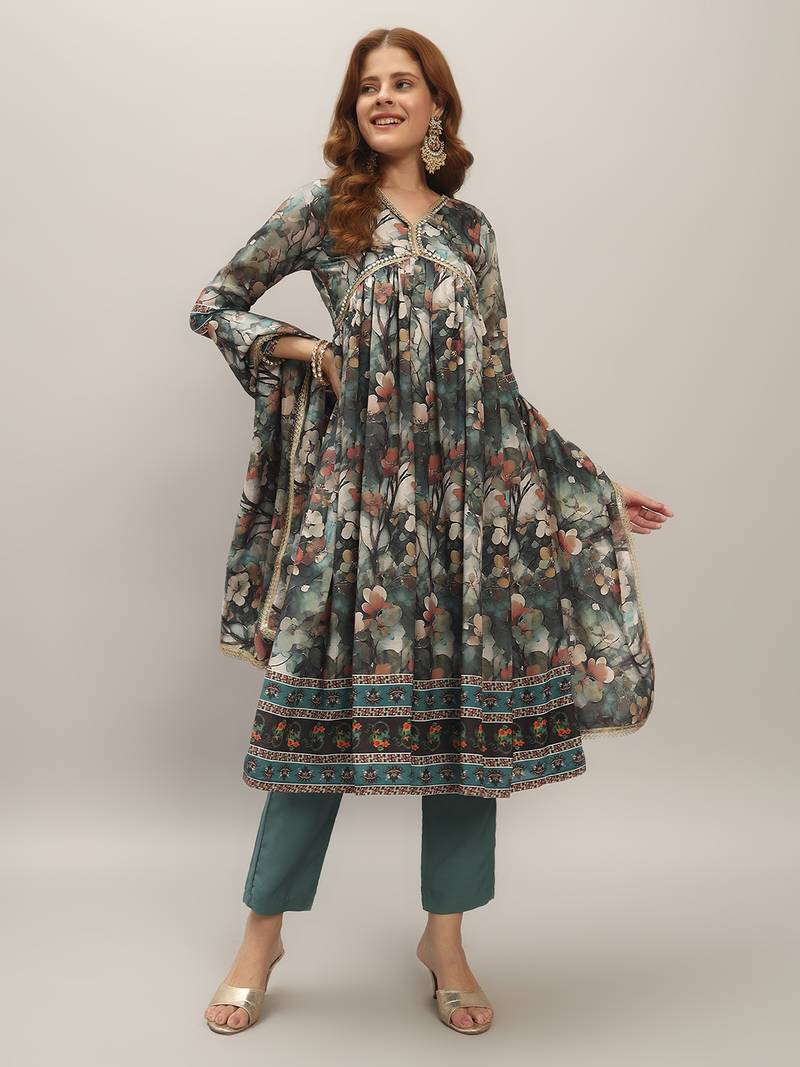 Women's Gorgeous Chanderi Silk Embroidery Flared Kurta with Pant And Dupatta Set