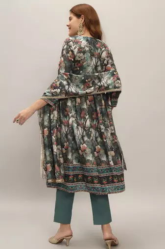 Women's  Chanderi Silk Embroidery Flared Kurta with Pant And Dupatta Set