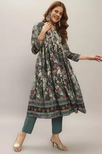 Women's  Chanderi Silk Embroidery Flared Kurta with Pant And Dupatta Set