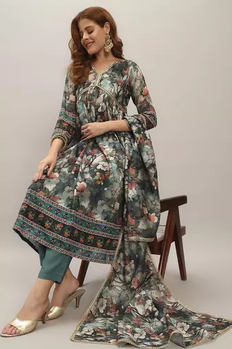 Women's  Chanderi Silk Embroidery Flared Kurta with Pant And Dupatta Set