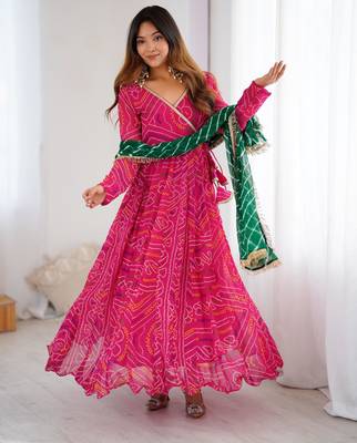 pink bandhani anarkali kurta with dupatta 1
