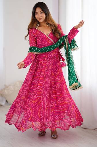 Hot pink bandhani anarkali kurta with dupatta