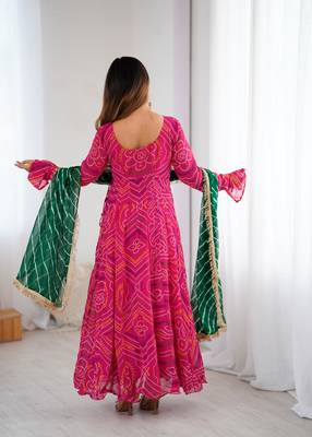 pink bandhani anarkali kurta with dupatta 2