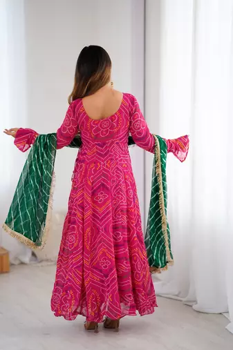 pink bandhani anarkali kurta with dupatta