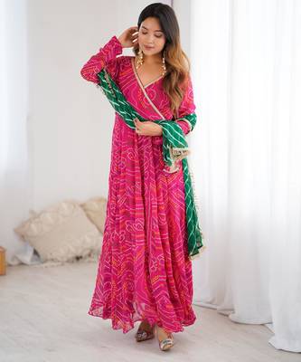pink bandhani anarkali kurta with dupatta 4