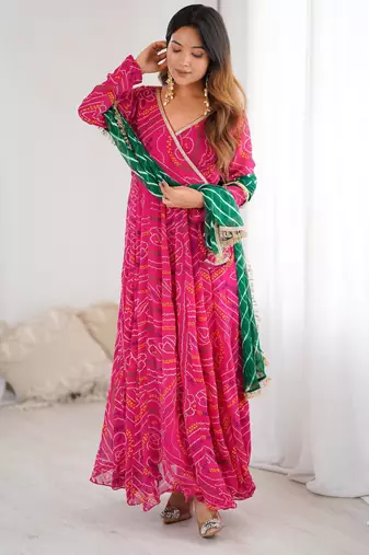 pink bandhani anarkali kurta with dupatta