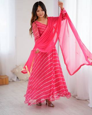 Rose pink leheriya anarkali kurta with dupatta 1