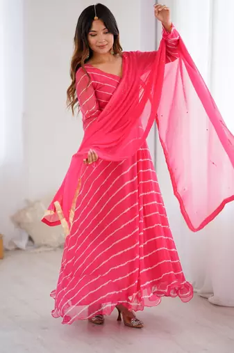 Rose pink leheriya anarkali kurta with dupatta