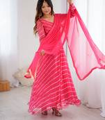 Rose pink leheriya anarkali kurta with dupatta