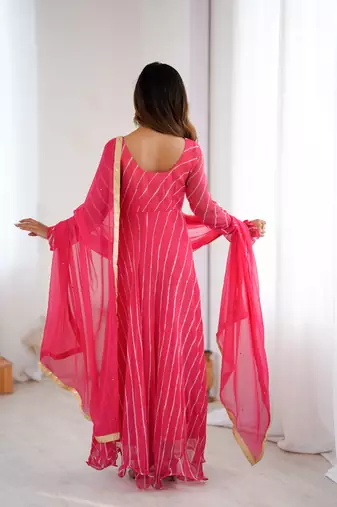 Rose pink leheriya anarkali kurta with dupatta