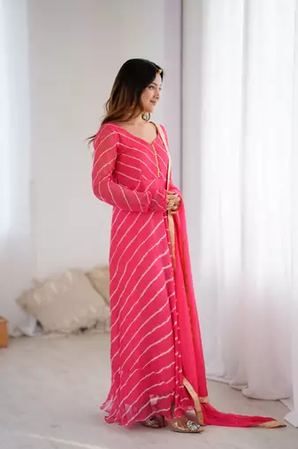Rose pink leheriya anarkali kurta with dupatta