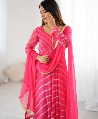 Rose pink leheriya anarkali kurta with dupatta 4