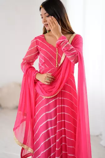 Rose pink leheriya anarkali kurta with dupatta